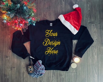 Gildan 18000 Sweatshirt Holiday Christmas mockup, Black sweater mockup, Gildan mockup, Tshirt mock up, Gildan Sweatshirt mockup, Flat Lay