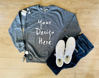 Gildan 18000 Sweatshirt Dark Heather mockup, sweater mockup, Gildan Gray Charcoal mockup, Lifestyle mockup, Black Sweatshirt mockup, FlatLay