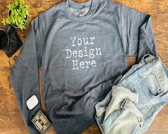 Gildan 18000 Sweatshirt Dark Heather mockup, sweater mockup, Gildan Gray Charcoal mockup, Tshirt mock up, Black Sweatshirt mockup, Flat Lay