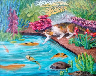 Cat Koy Pond Original Acrylic Painting Sonya Allen