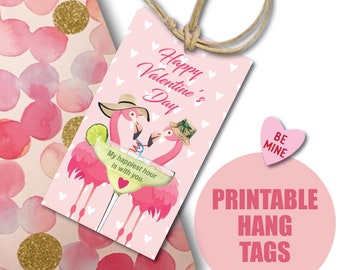 Printable Valentine's Day Tags - Flamingo Tags - Holiday Gift Favor Tags PDF - Print & Cut Gift Tag Template