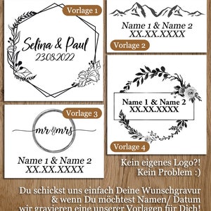 May include: Four different design templates for a personalised stamp. The templates feature a floral wreath, mountain range, a circle with "mr & mrs" inside, and a blank space for a custom logo. The text "Name 1 & Name 2 XX.XX.XXXX" is included in each template.