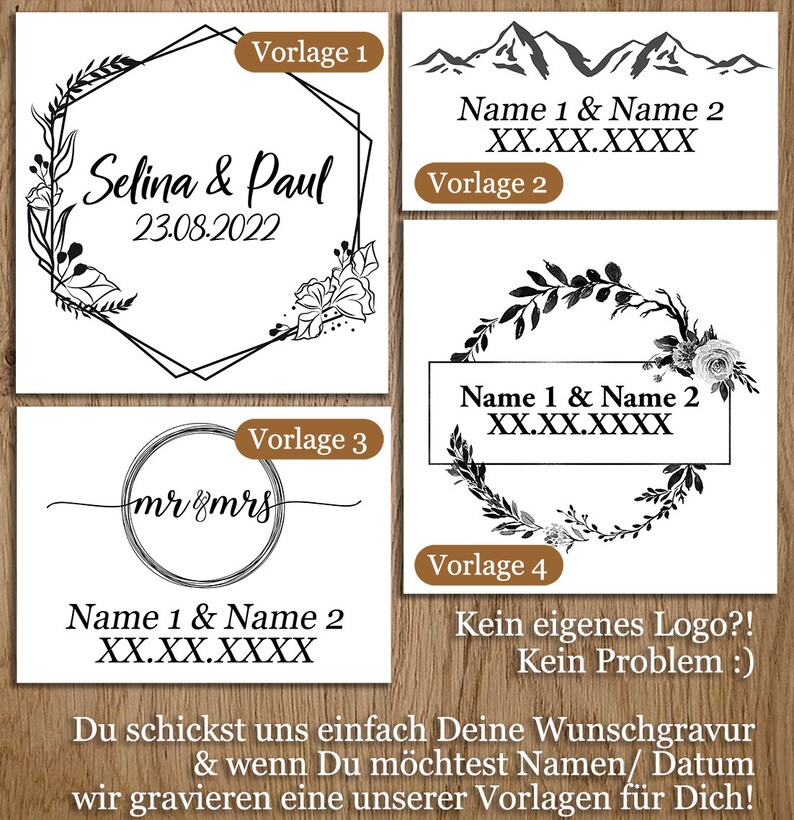 May include: Four different design templates for a personalised stamp. The templates feature a floral wreath, mountain range, a circle with "mr & mrs" inside, and a blank space for a custom logo. The text "Name 1 & Name 2 XX.XX.XXXX" is included in each template.