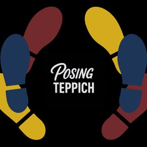 Könnte beinhalten: Grafikdesign mit vier Fußabdrücken in Rot, Gelb und Blau auf schwarzem Hintergrund. Der Text "Posing Teppich" ist in weißer Schreibschrift.