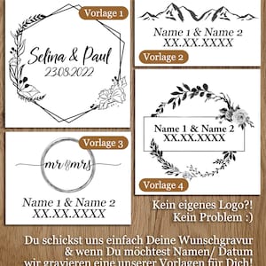 May include: Four different design templates for a personalized stamp. The templates feature a floral wreath, mountain range, a circle with "mr & mrs" inside, and a blank space for a custom logo. The text "Name 1 & Name 2 XX.XX.XXXX" is included in each template.