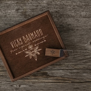 Set - Handmade USB wooden box with engraving & a stick with engraving &quot;Wooden Diamond&quot; - Color: &quot;WALNUT&quot;