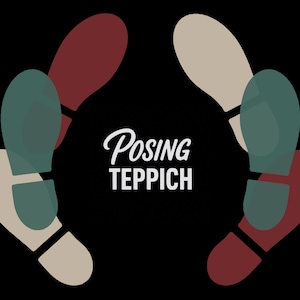 May include: Illustration of four pairs of stylized footprints in a circular arrangement against a black background. The footprints are in shades of red, green, and beige. The text "Posing Teppich" is in white script.