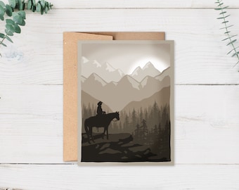Horseback Mountain Sunset Greeting Card | Illustrated Blank A2 Card