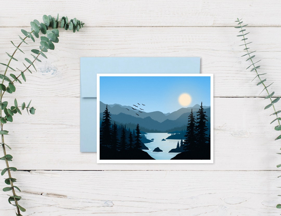 Mountain Lake Illustrated Greeting Card | A2 Blank Inside | Single Card ...