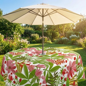 Tropical Flowers Outdoor Garden Patio Wipe Clean Tablecloth with 50mm Parasol Hole Silver Metal Ring