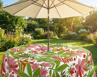 Tropical Flowers Outdoor Garden Patio Wipe Clean Tablecloth with 50mm Parasol Hole Silver Metal Ring
