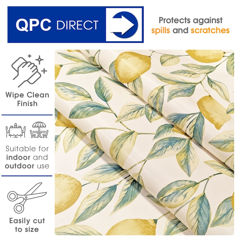 May include: White tablecloth with a lemon and leaf pattern. The tablecloth is wipe clean, suitable for indoor and outdoor use, and easily cut to size.  QPC DIRECT is printed on the image.