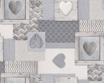 Knitted Hearts Grey Wipe Clean Vinyl Tablecloth