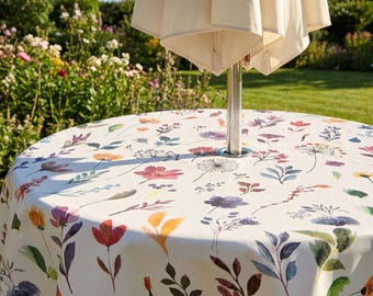 Tall Flowers Multi Outdoor Garden Patio Wipe Clean Tablecloth with 50mm Parasol Hole Silver Metal Ring