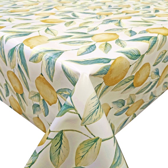 Leafy Lemons Yellow Teal Green Wipe Clean Vinyl Tablecloth
