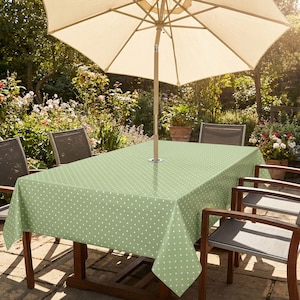 Sage Green Polka Dot Outdoor Garden Patio Wipe Clean Tablecloth with 50mm Parasol Hole Silver Metal Ring