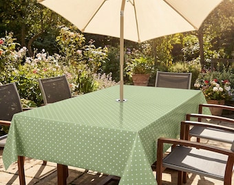 Sage Green Polka Dot Outdoor Garden Patio Wipe Clean Tablecloth with 50mm Parasol Hole Silver Metal Ring