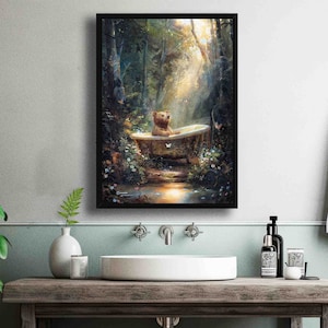 Bear in Bathtub in Enchanted Forest // Whimsical Vintage Style Print of Bear with Butterflies Woods -  Quirky Bathroom Toilet Decor Wall Art