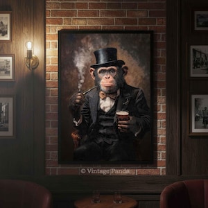 May include: A framed portrait of a chimpanzee in a black top hat, suit, and bow tie, smoking a pipe and holding a glass of beer. The artwork is set against a brick wall background, with the text "Vintage Panda" at the bottom.