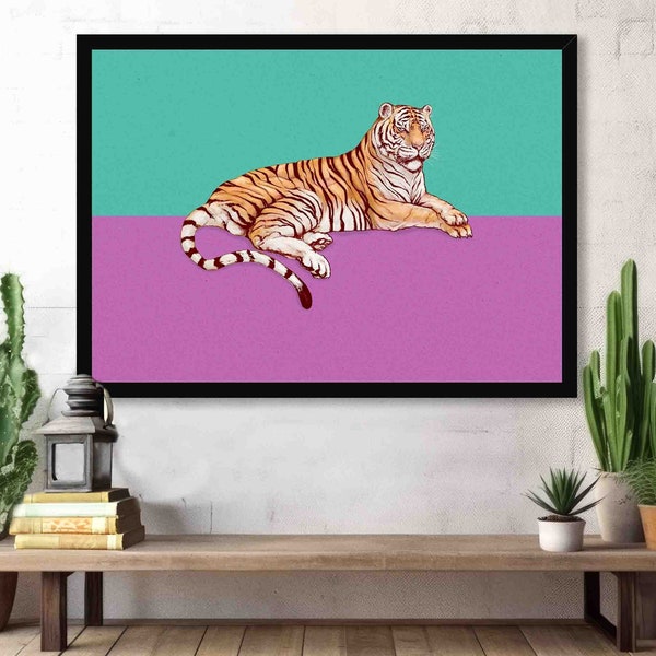 Tiger Retro Print // Pink & Green // Bright, Bold Two Tone 70s / 80s Vintage Style Animal Wall Décor // Eclectic, Maximalist Big Cat Art