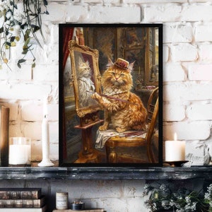 Cat Artist Art Print / Vintage Painting Style Poster of Fluffy Ginger Cat Painting Self Portrait - Quirky Maximalist Gallery Wall Decor Gift