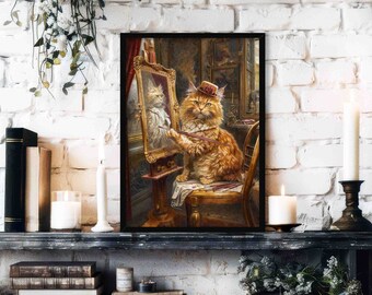 Ginger Cat Self-Portrait Art Print: Vintage Painting Style