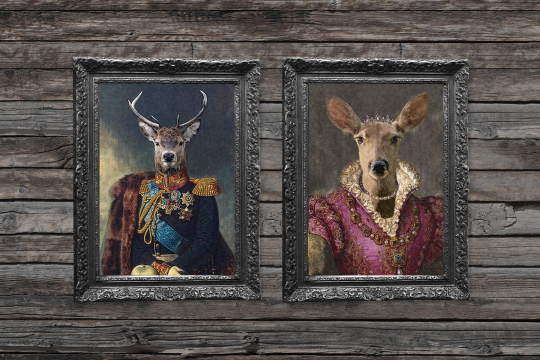 Stag & Deer Wall Art Set Vintage Painting Style Woodland Animal Portrait  With Historical Renaissance Ruff Outfits Art Print Bundle - Etsy