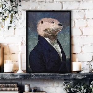 May include: A framed portrait of an otter wearing a blue suit and a white bow tie. The otter has a serious expression on its face. The background is a light blue and white.