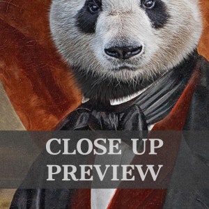 May include: Close-up portrait of a panda wearing a black tuxedo with a white bow tie. The panda has black eyes and a serious expression.