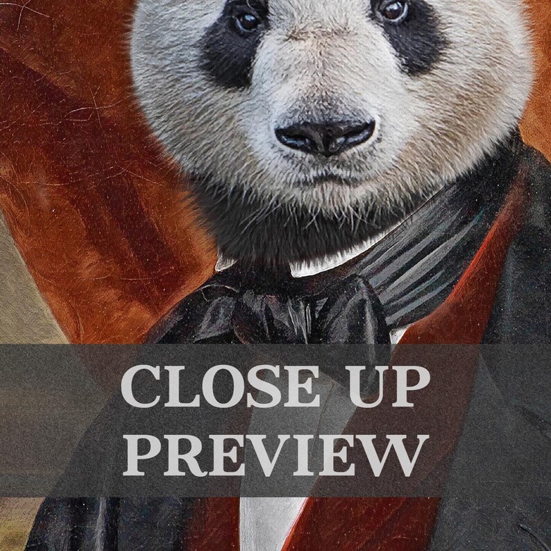 May include: Close-up portrait of a panda wearing a black tuxedo with a white bow tie. The panda has black eyes and a serious expression.