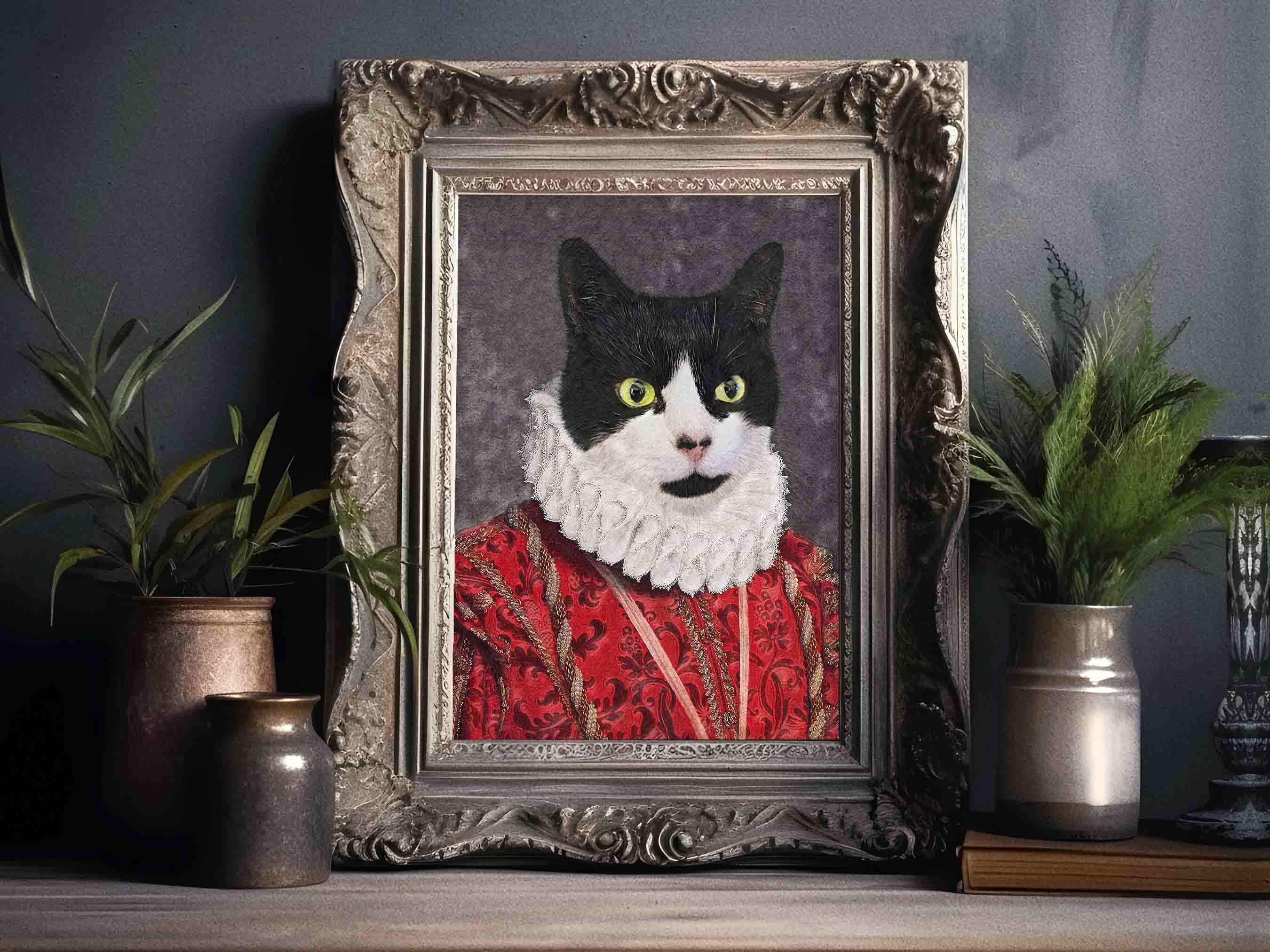 With Portrait Cat Style Black / of Print Etsy White Queen Decor Cat Vintage Home Gift Animal Renaissance Painting Art & Historical Ruff - Lover