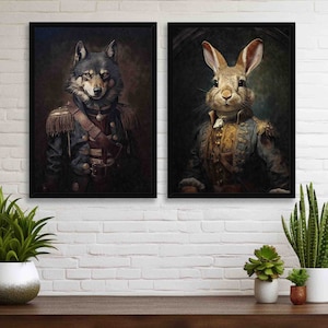 May include: Two framed portraits of animals dressed in military uniforms. The left portrait features a wolf wearing a dark blue uniform with gold accents. The right portrait features a rabbit wearing a blue and gold uniform with a brown sash.