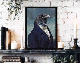 Raven Wall Art Print // Vintage Gothic Painting Style Portrait of Gentleman Black Bird / Crow Wearing a Suit - Animal Lover Home Decor Gift