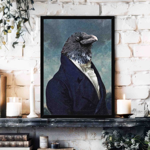 Raven Wall Art Print // Vintage Gothic Painting Style Portrait of Gentleman Black Bird / Crow Wearing a Suit - Animal Lover Home Decor Gift