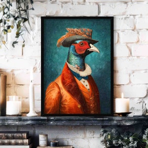 Pheasant Wall Art Print // Vintage Painting Style Portrait of Bird Gentleman With Suit & Hat - Orange + Teal Quirky Animal Decor Poster Gift