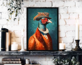 Op de afbeelding: Een ingelijste illustratie van een fazant die een hoge hoed en een fluwelen jas draagt. De fazant heeft een blauw-rode kop en een bruin lichaam. De achtergrond is tealblauw.
