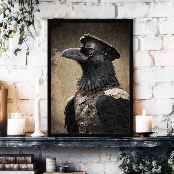 Crow Wall Art Print // Gothic Vintage Style Portrait of Black Raven Bird a Wearing Military Uniform & Hat - Maximalist Animal Home Decor