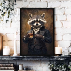 Raccoon Drinking Whisky Wall Art Print / Vintage Painting Style Portrait of Cute Animal in Victorian Suit with Bourbon - Decor Poster Gift
