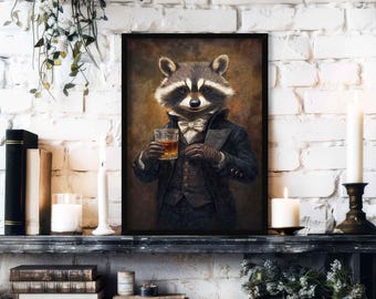 May include: Framed art print featuring a raccoon dressed in a suit, holding a glass of amber liquid. The raccoon wears a bow tie and gloves. The artwork has a vintage, portrait style with a dark background.