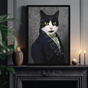 K&ouml;nnte beinhalten: Eine schwarz-wei&szlig;e Katze tr&auml;gt einen blauen Anzug und eine wei&szlig;e Krawatte. Die Katze hat gr&uuml;ne Augen und einen ernsten Ausdruck. Der Hintergrund ist grau texturiert.