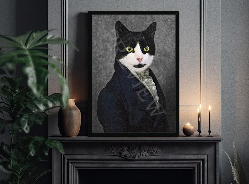 K&ouml;nnte beinhalten: Eine schwarz-wei&szlig;e Katze tr&auml;gt einen blauen Anzug und eine wei&szlig;e Krawatte. Die Katze hat gr&uuml;ne Augen und einen ernsten Ausdruck. Der Hintergrund ist grau texturiert.