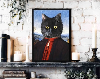 Black Cat Art Print // Vintage Painting Style Portrait of Fluffy Black Car Wearing Renaissance Outfit - Animal Pet Parent Poster Gift