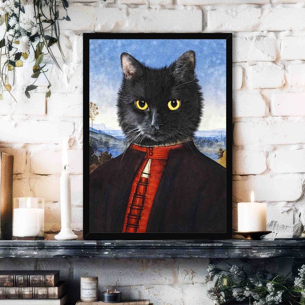 Black Cat Art Print // Vintage Painting Style Portrait of Fluffy Black Car Wearing Renaissance Outfit - Animal Pet Parent Poster Gift