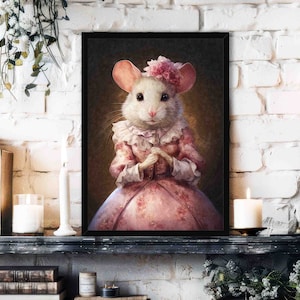 Mouse Lady Wall Art Print // Vintage Painting Style Portrait of Cute Hamster in Pink in Victorian Dress - Pet Animal Home Decor Poster Gift