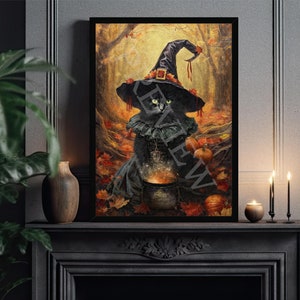 May include: A black cat dressed as a witch with a pointed hat and a cauldron in a forest setting with autumn leaves and pumpkins.