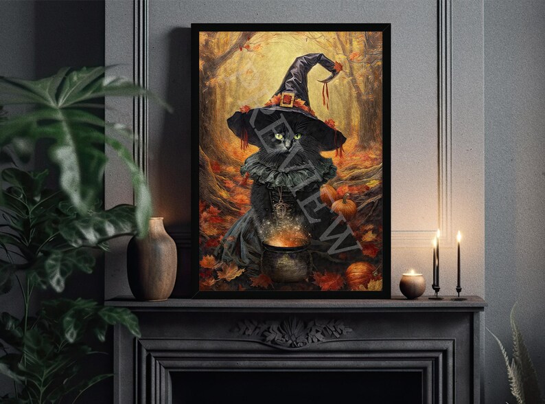 May include: A black cat dressed as a witch with a pointed hat and a cauldron in a forest setting with autumn leaves and pumpkins.