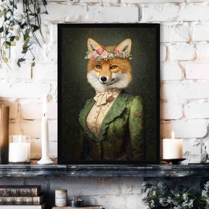 Fox Lady Wall Art Print // Vintage Painting Style Portrait of Female Red Fox in Victorian Dress & Flower Crown - Animal Decor Poster Gift