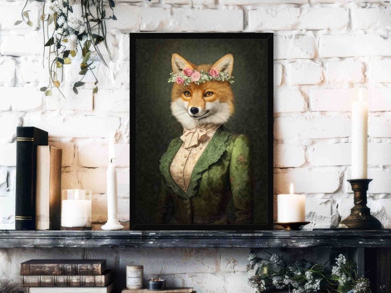 Fox Lady Wall Art Print // Vintage Painting Style Portrait of