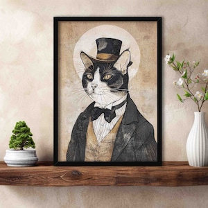 Japanese Cat Gentleman Art Print // Vintage Woodblock Painting Style Black & White Cat with Suit + Top Hat - Quirky Animal Home Decor Poster
