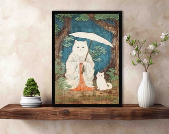 White Cats in Rainy Japanese Garden Art Print // Vintage Woodblock Painting Style Geisha Cat & Kitten with Umbrella - Home Decor Poster Gift